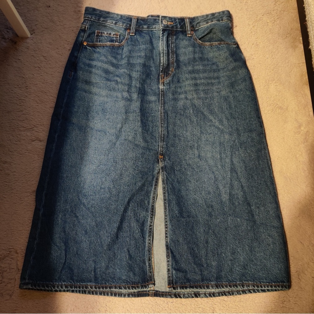 Old Navy High Rise Denim Midi Skirt Classic Blue Secret Smooth Pocket Front Slit